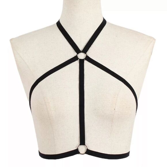 Black strappy harness cage bra bralette new top cupless NEW lingerie sexy large - Picture 11 of 11